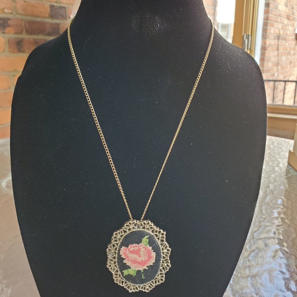 Vintage Austrian Needlepoint Rose Necklace
